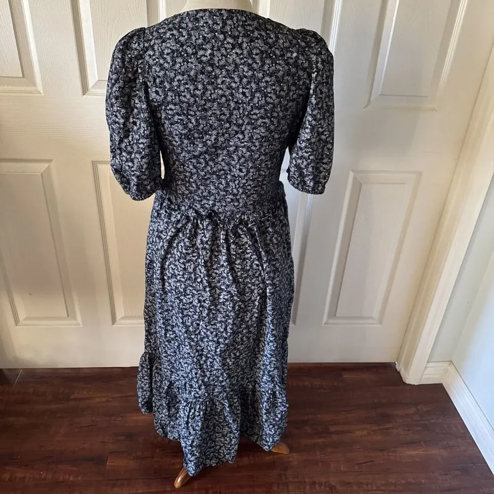 Smocked Puff Sleeve Floral Maxi Dress Womens Medium‎ Blue Cottagecore Pockets